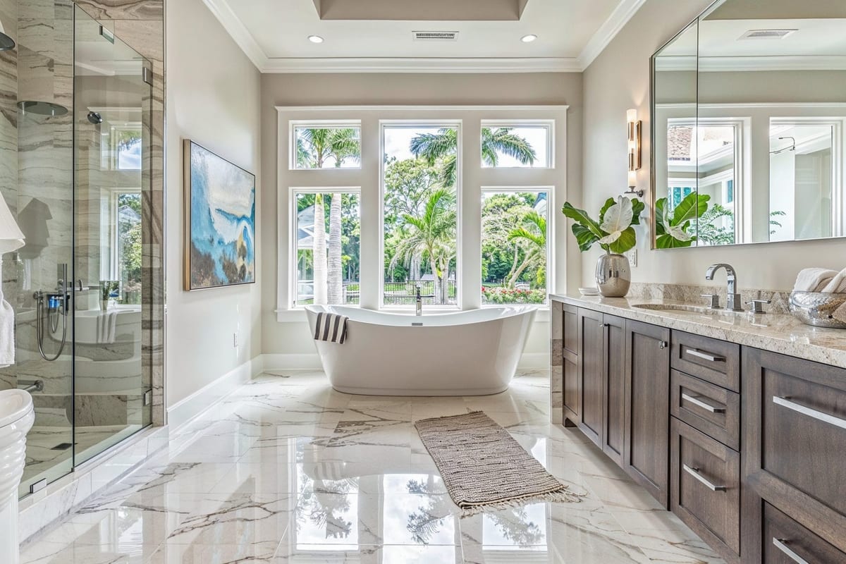 Spacious primary bathroom with a freestanding soaking tub, marble tile floors, and floor-to-ceiling windows overlooking palm trees