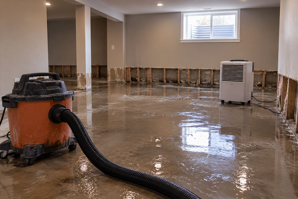 Flood-damaged finished basement with drywall cut away at the base, a shop vacuum and dehumidifier on the wet concrete floor