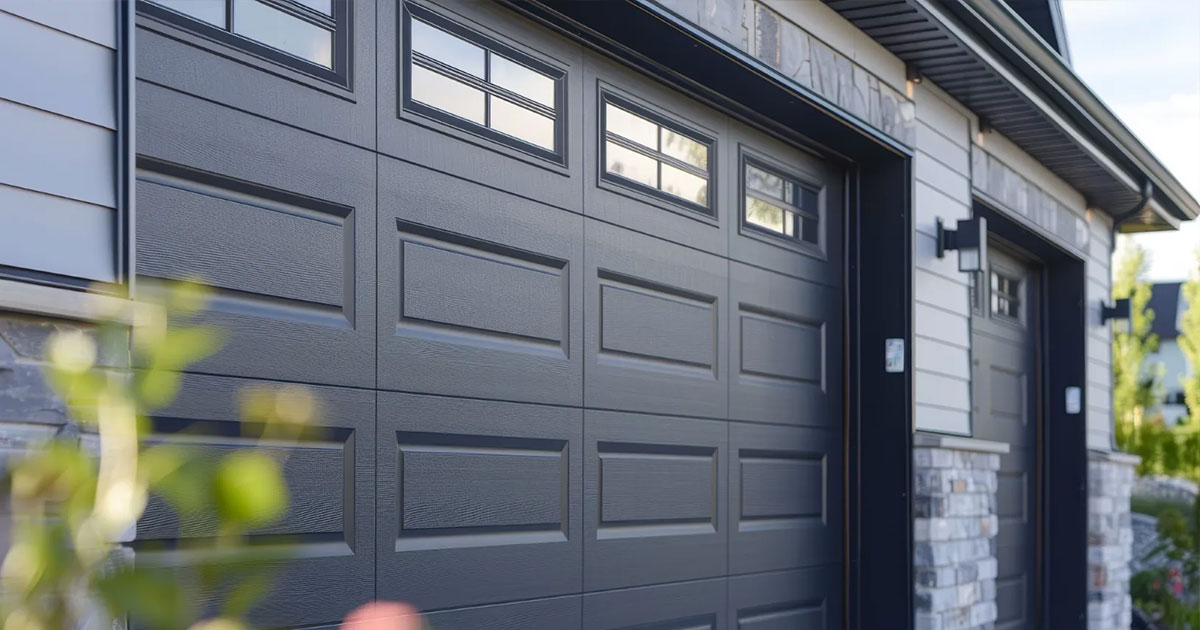 Dark charcoal steel garage door with decorative windows on a modern home with stone accents