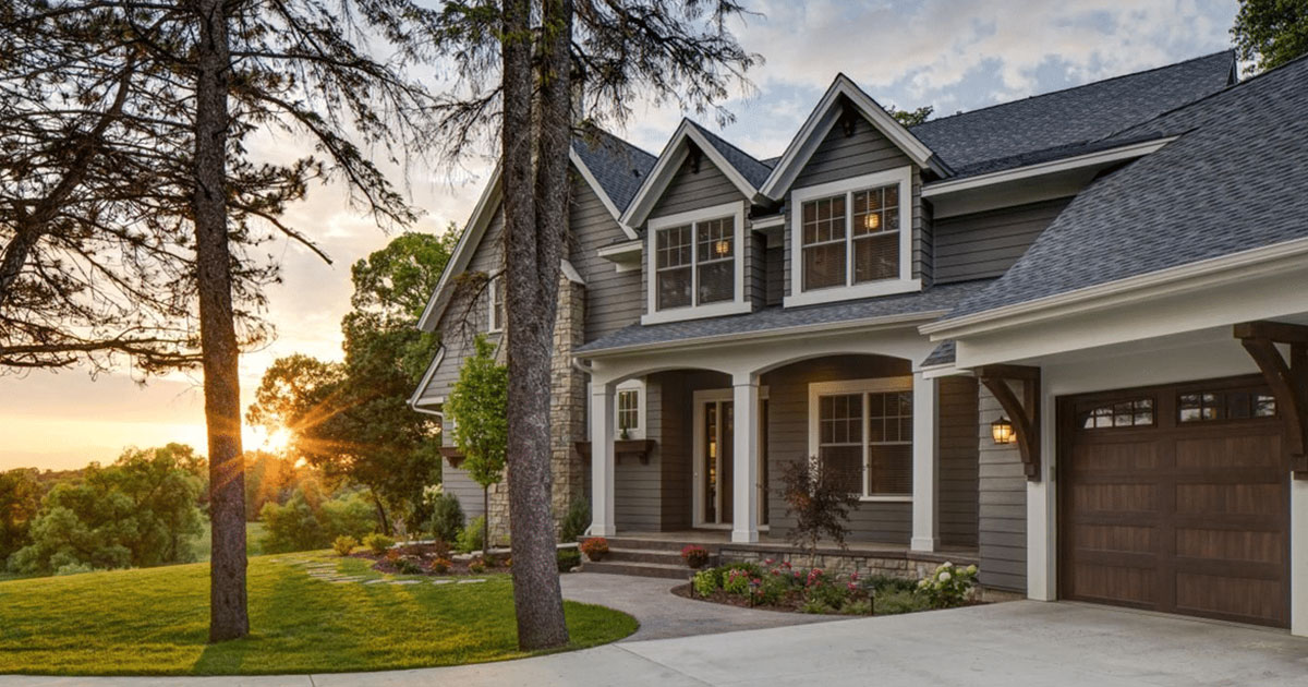 Craftsman-style home exterior at sunset with gray fiber cement siding and stone accents